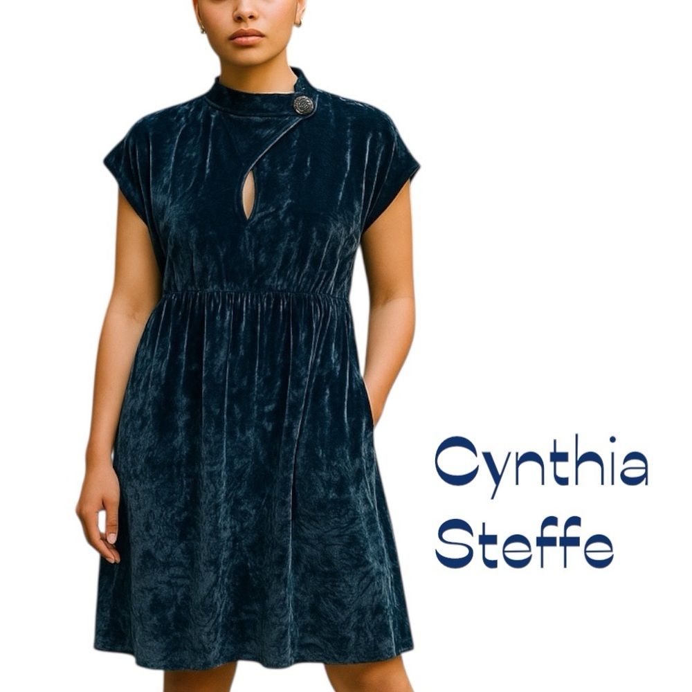 Cynthia Steffe Metallic Blue Crushed Velvet Silk Blend Dress Size 10 Bohemian